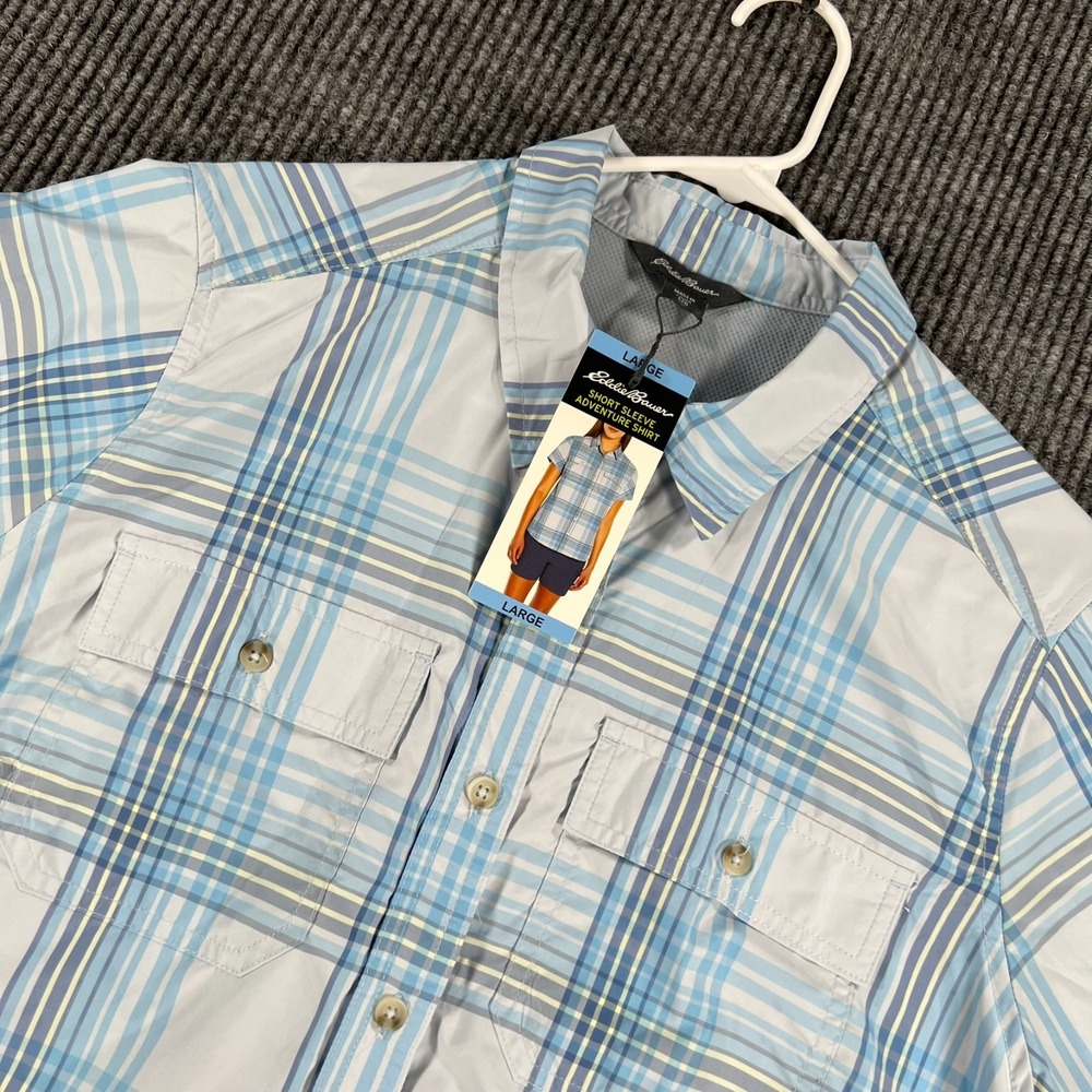 Eddie Bauer Shirt Womens Large Blue Plaid Short Sleeve Button Up Outdoor New